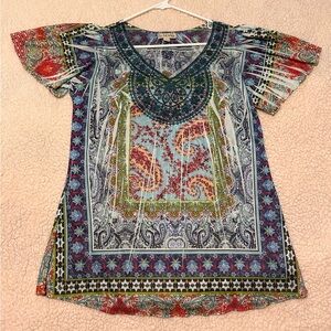 Live and let live women’s L boho embellished lace paisley flutter sleeve blouse